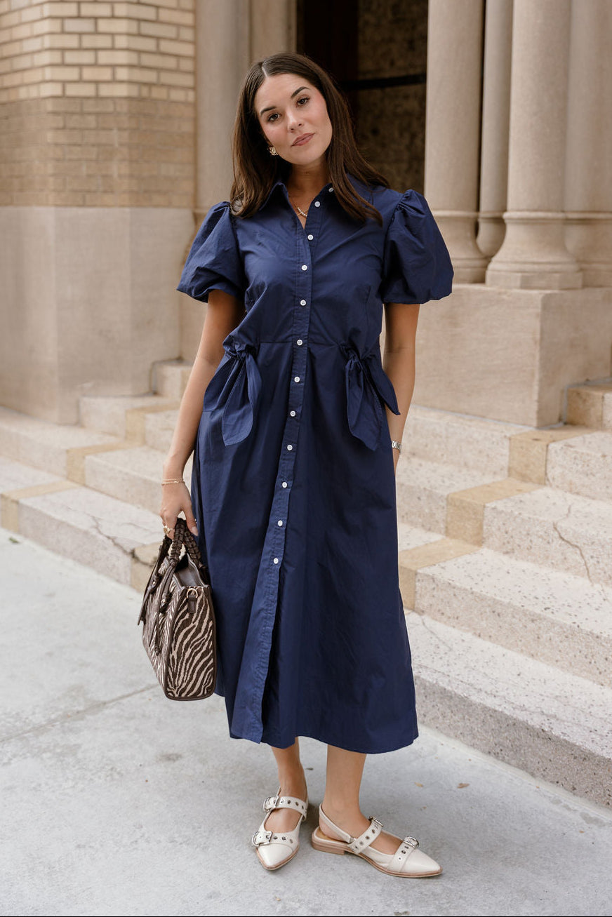 Lara Navy Short Sleeve Midi Dress - full  front view