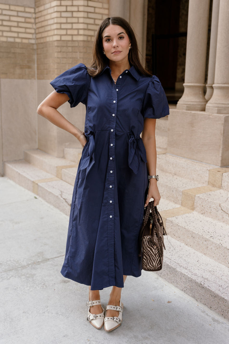 Lara Navy Short Sleeve Midi Dress - front view