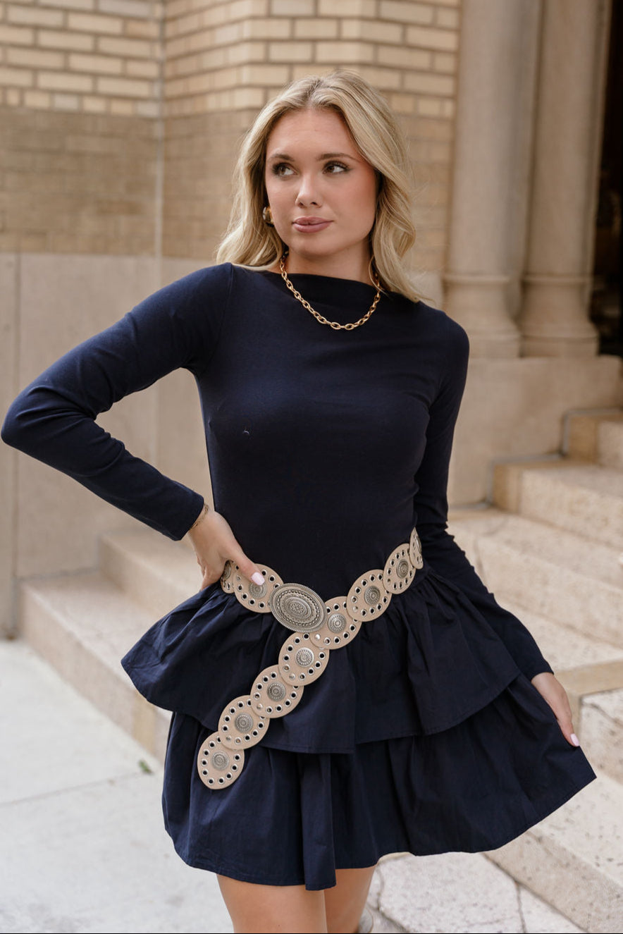 Bianca Navy Tiered Long Sleeve Mini Dress - front view with belt