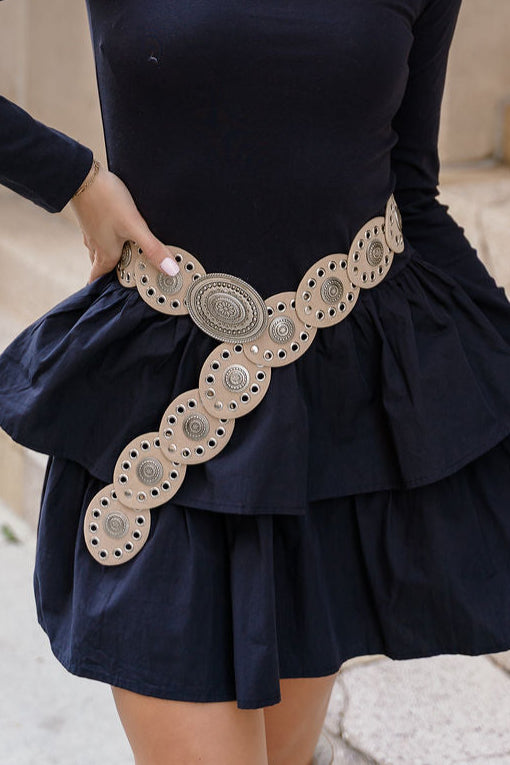 Ada Beige & Silver Oval Buckle Boho Belt - close up front view on model