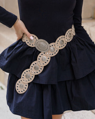 Ada Beige & Silver Oval Buckle Boho Belt - close up front view on model