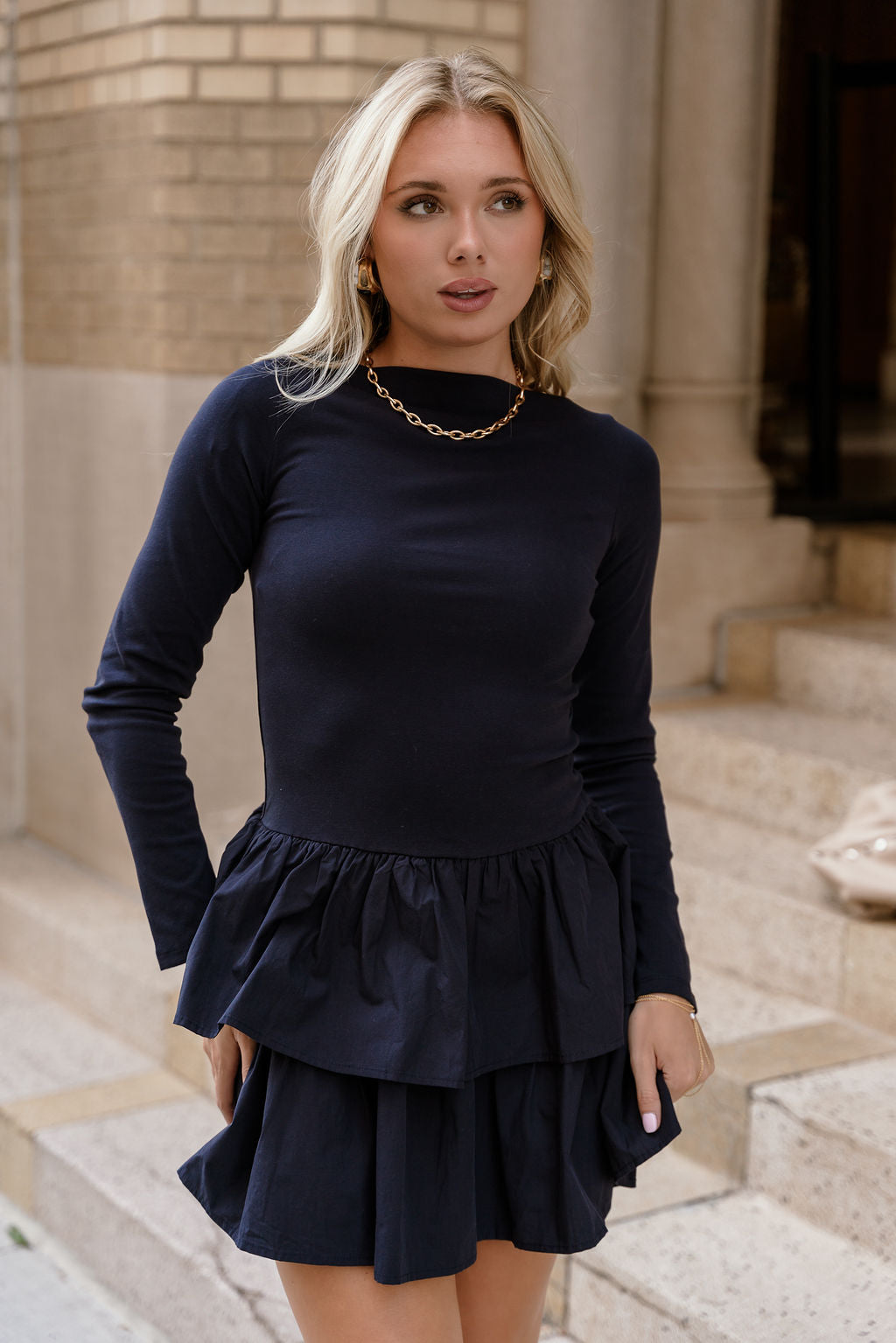 Bianca Navy Tiered Long Sleeve Mini Dress - front view