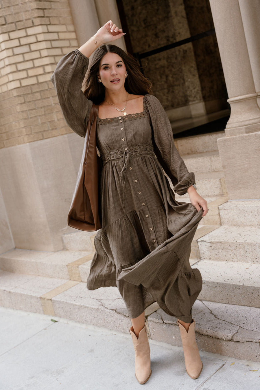 Lenora Olive Tiered Long Sleeve Midi Dress - front view