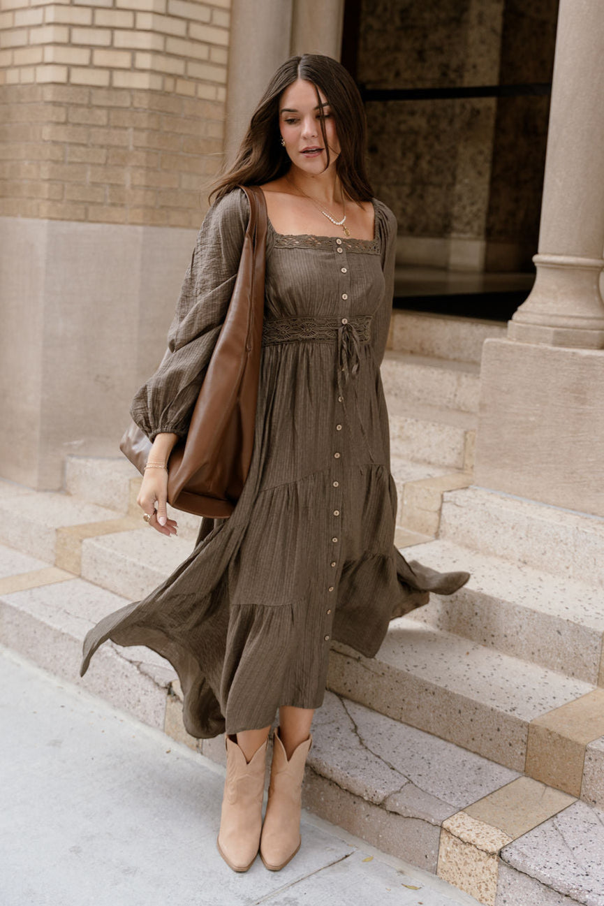 Lenora Olive Tiered Long Sleeve Midi Dress - full body front view