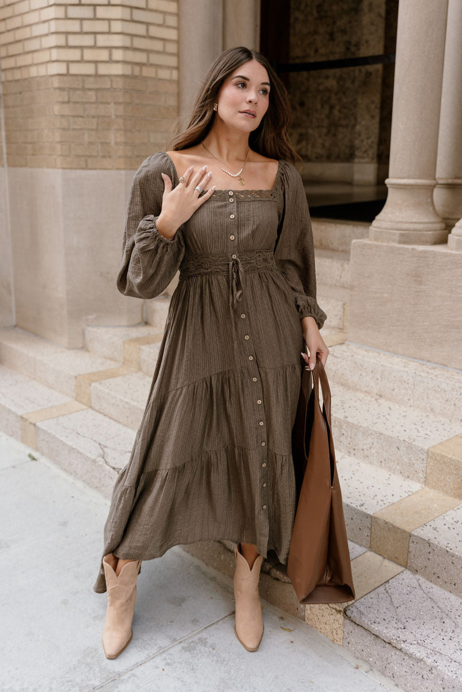 Lenora Olive Tiered Long Sleeve Midi Dress - full front view