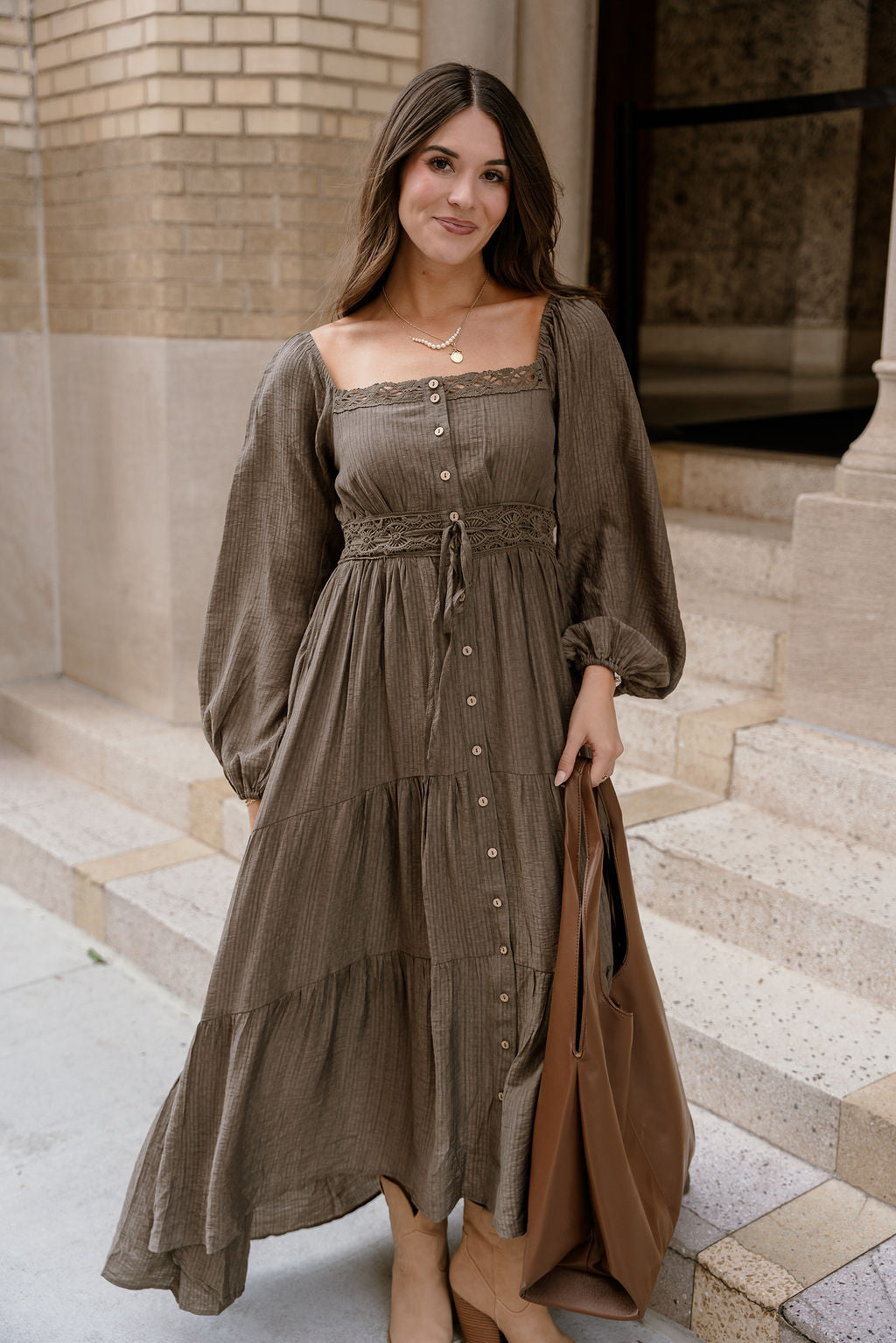 Lenora Olive Tiered Long Sleeve Midi Dress - frontal view