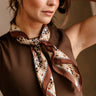 Shana Brown Multi Print Satin Scarf - front view on model