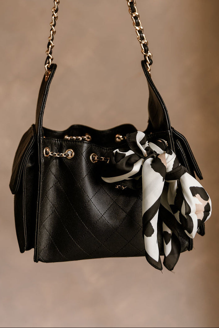 Harlow Leopard Print Satin Scarf - shown tied to purse