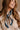 Chandler Navy Multi Tropical Print Satin Scarf - front view tied on model's neck