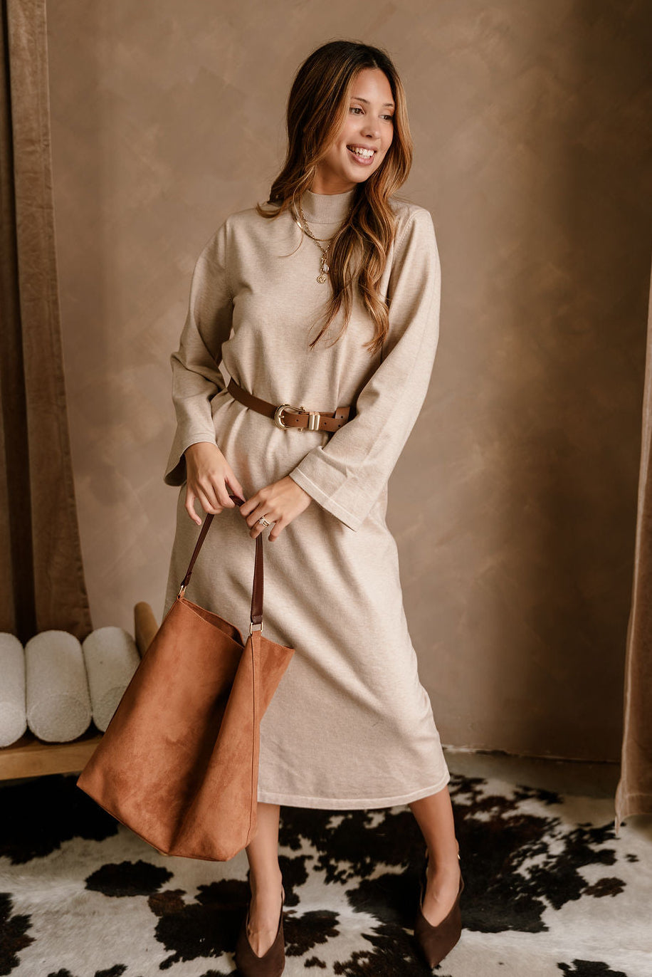 Solene Beige Knit Long Sleeve Midi Dress - full body front view with belt