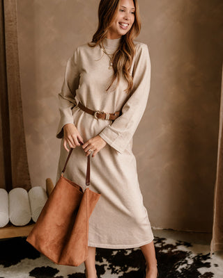 Solene Beige Knit Long Sleeve Midi Dress - full body front view with belt