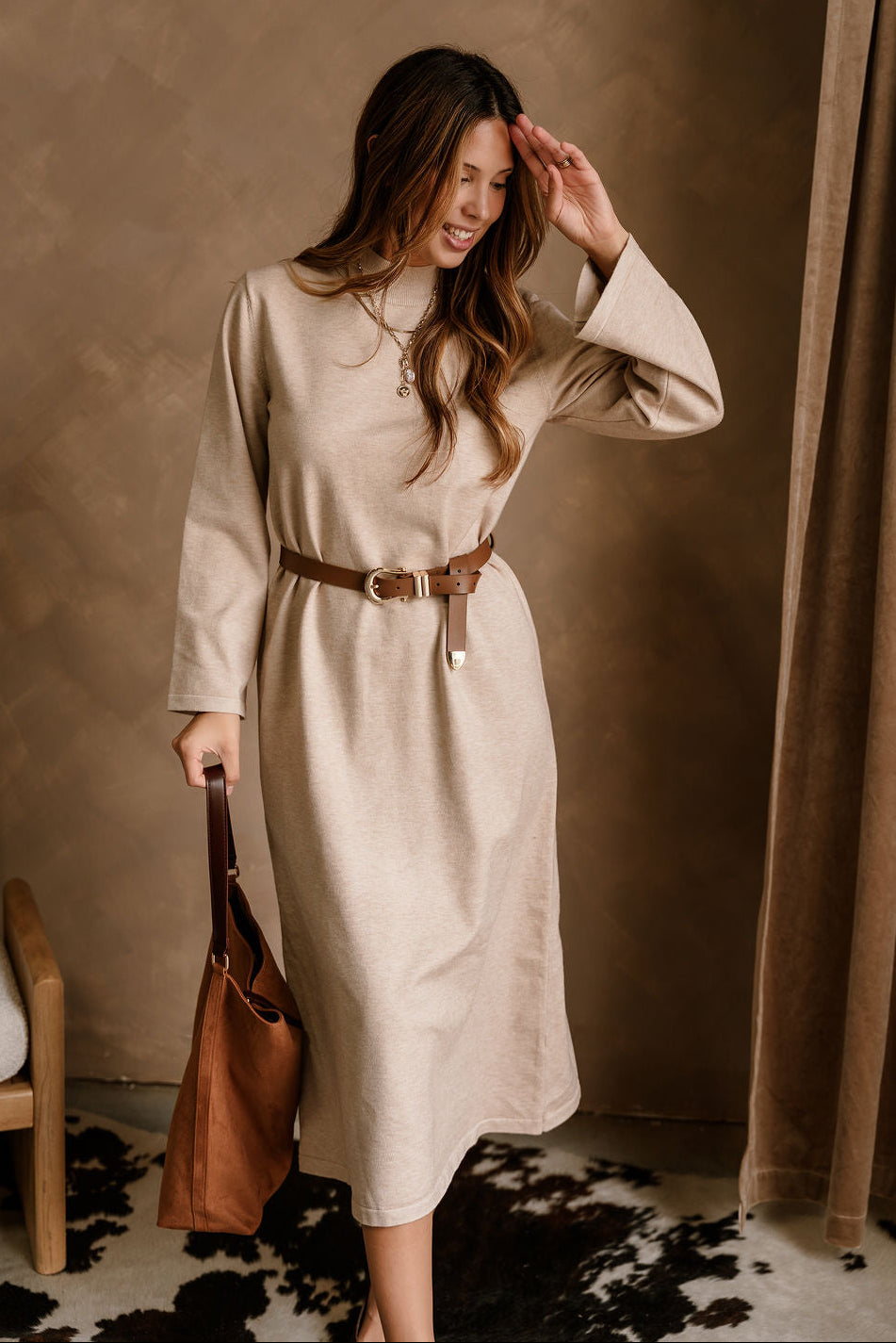 Solene Beige Knit Long Sleeve Midi Dress - front view with belt