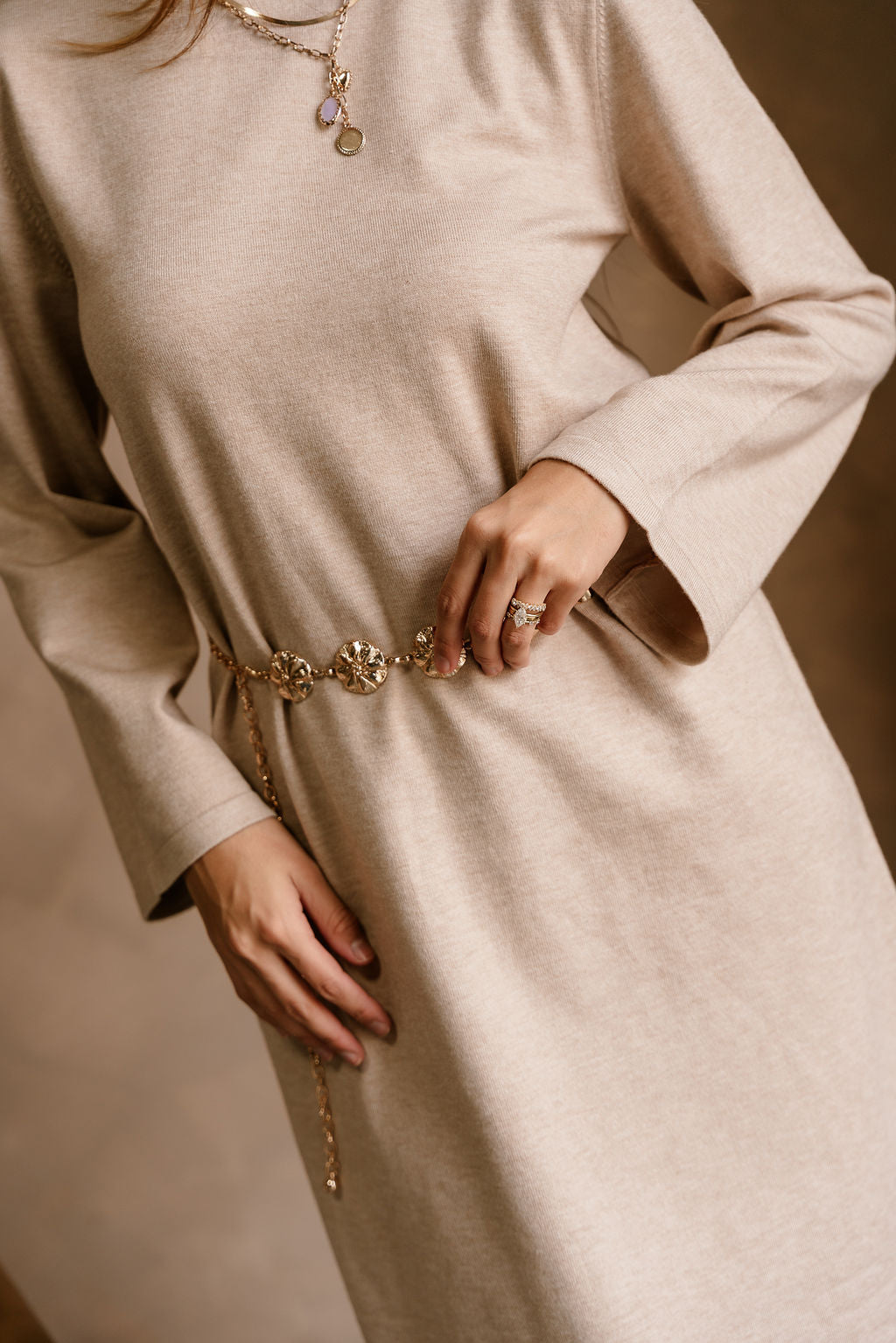 Solene Beige Knit Long Sleeve Midi Dress - close up middle view