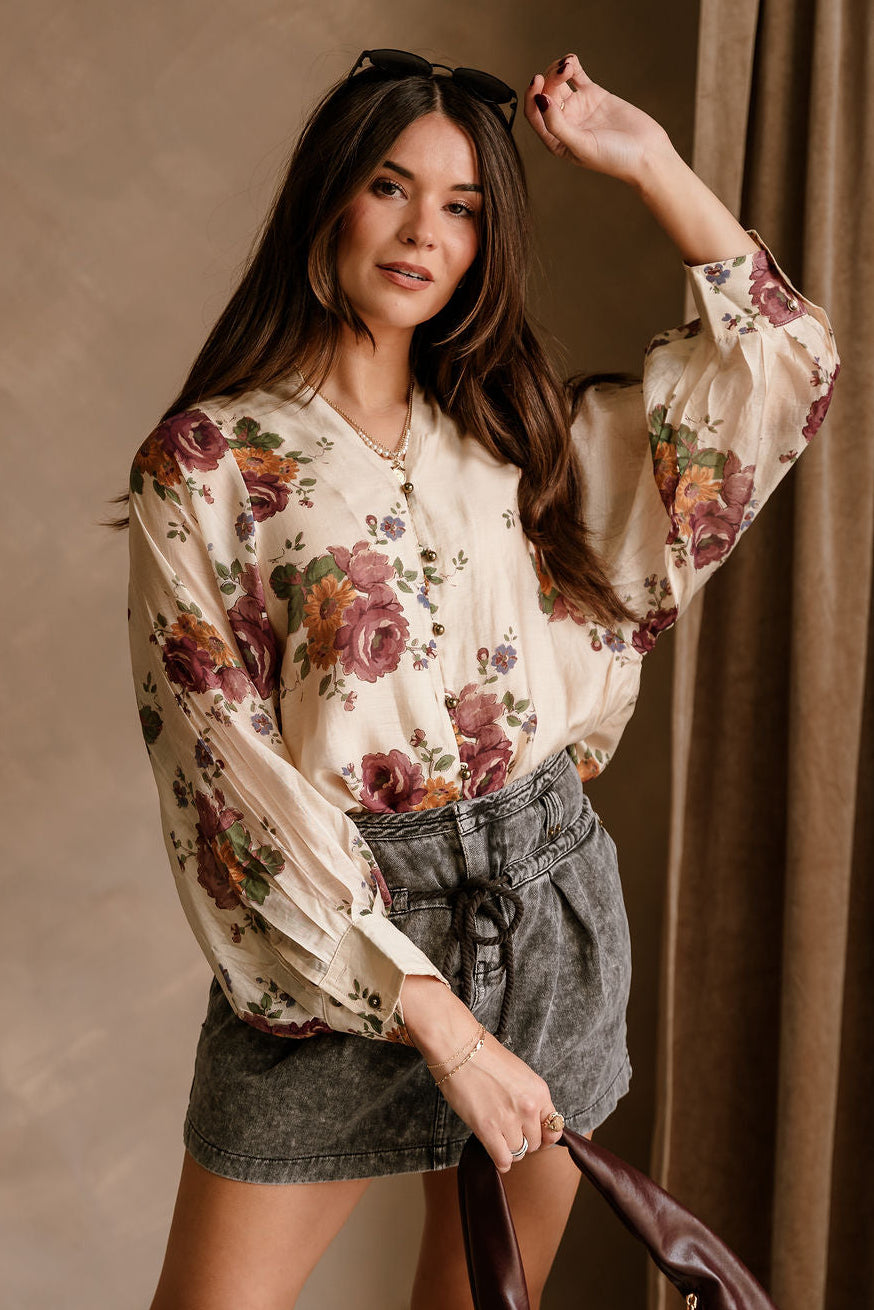 Valencia Cream Multi Floral Long Sleeve Top - front view