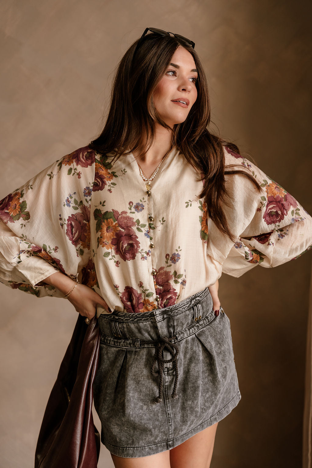 Valencia Cream Multi Floral Long Sleeve Top - front 