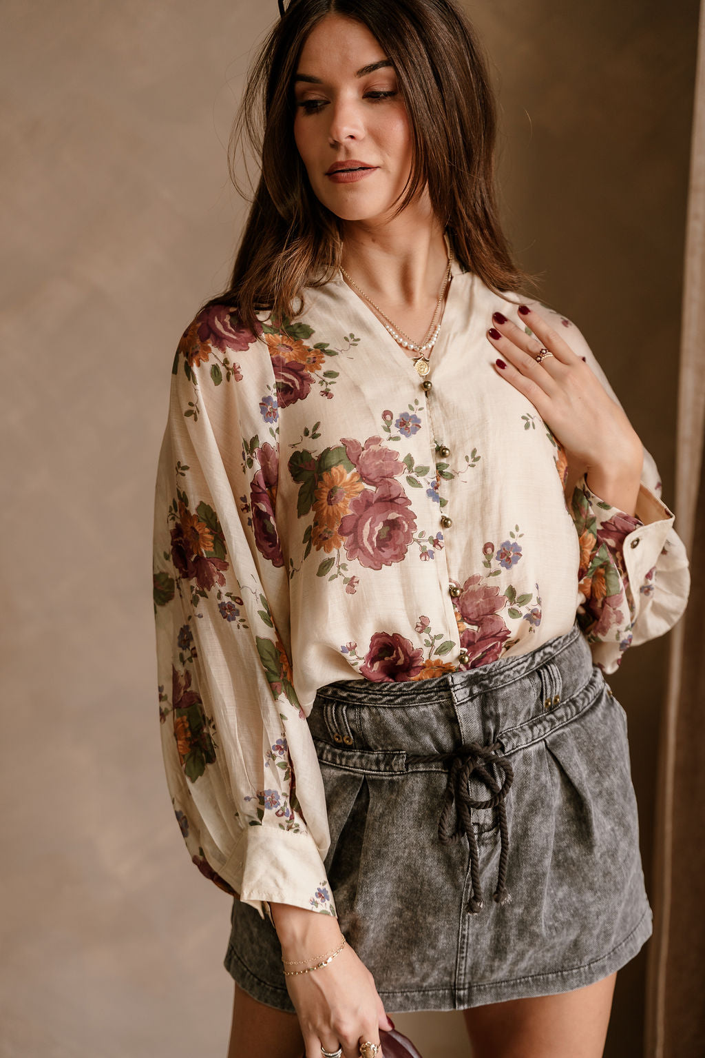 Valencia Cream Multi Floral Long Sleeve Top - front 