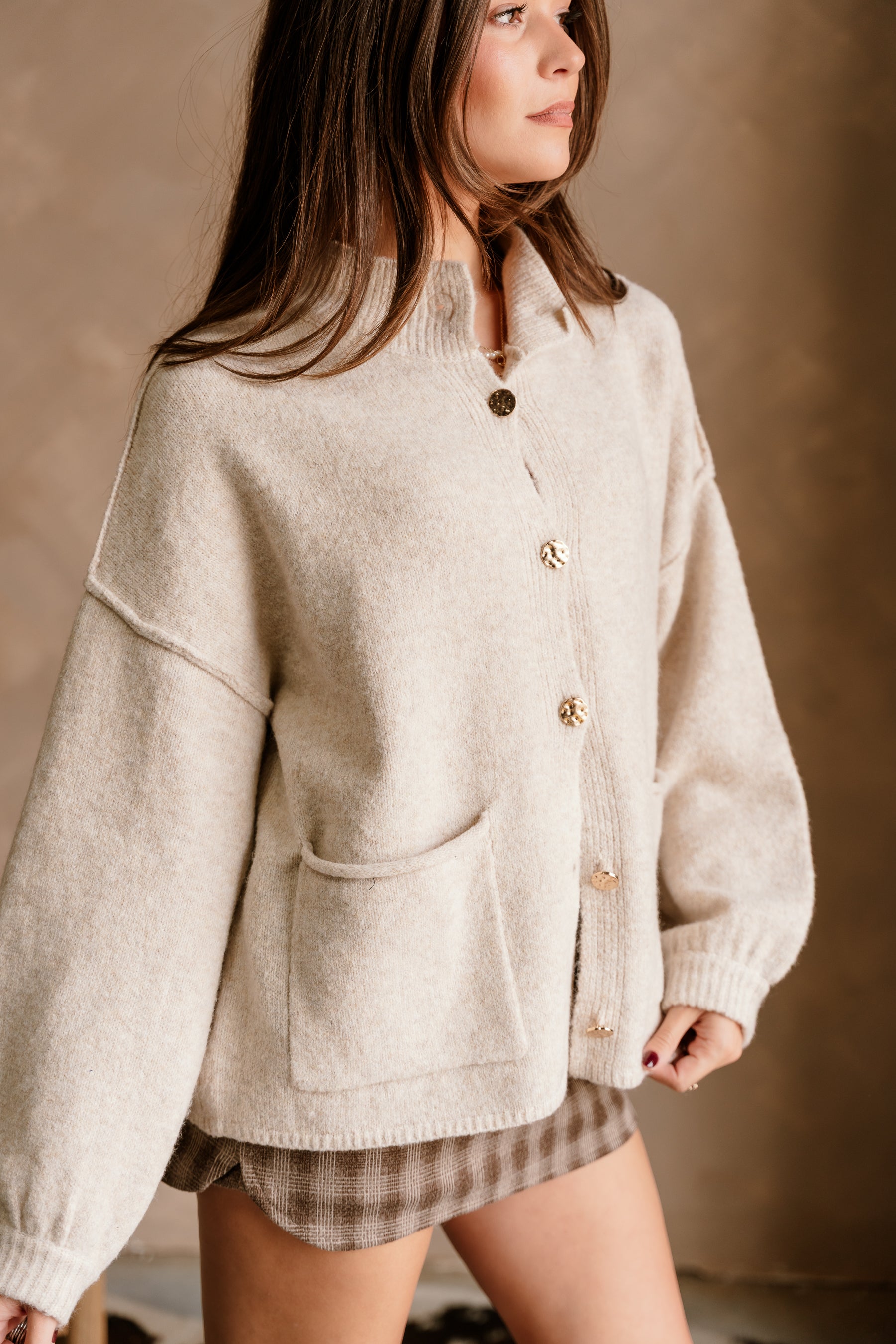 Azlynn Oatmeal Button-Up Knit Cardigan- frontal side view