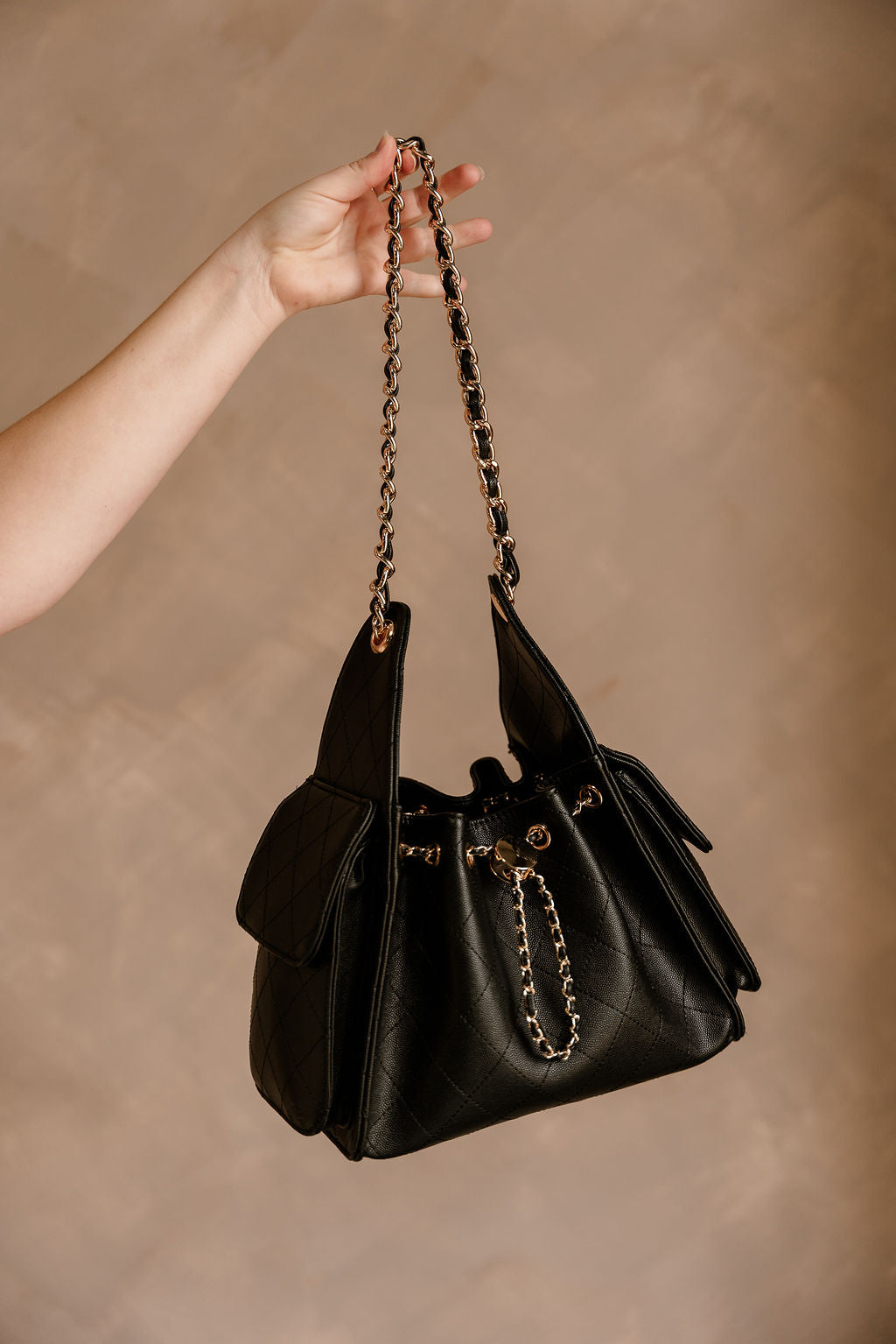 Willow Black Faux Leather Drawstring Purse - front view