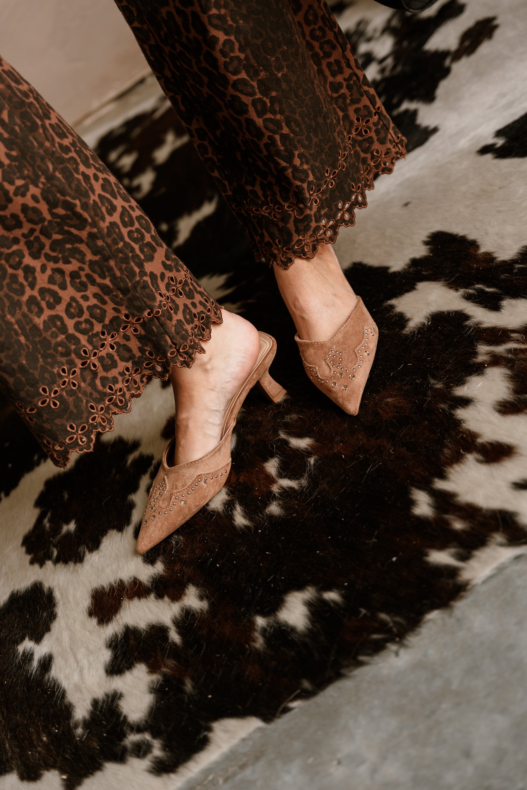 Morley Camel Suede Embellished Mule- full body front side view