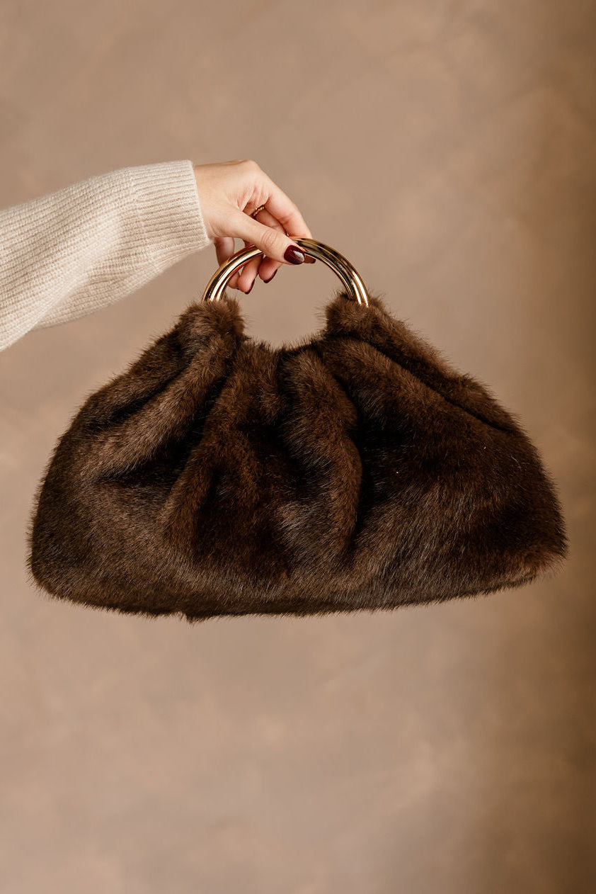 Keala Brown Faux Fur Purse - close up front view