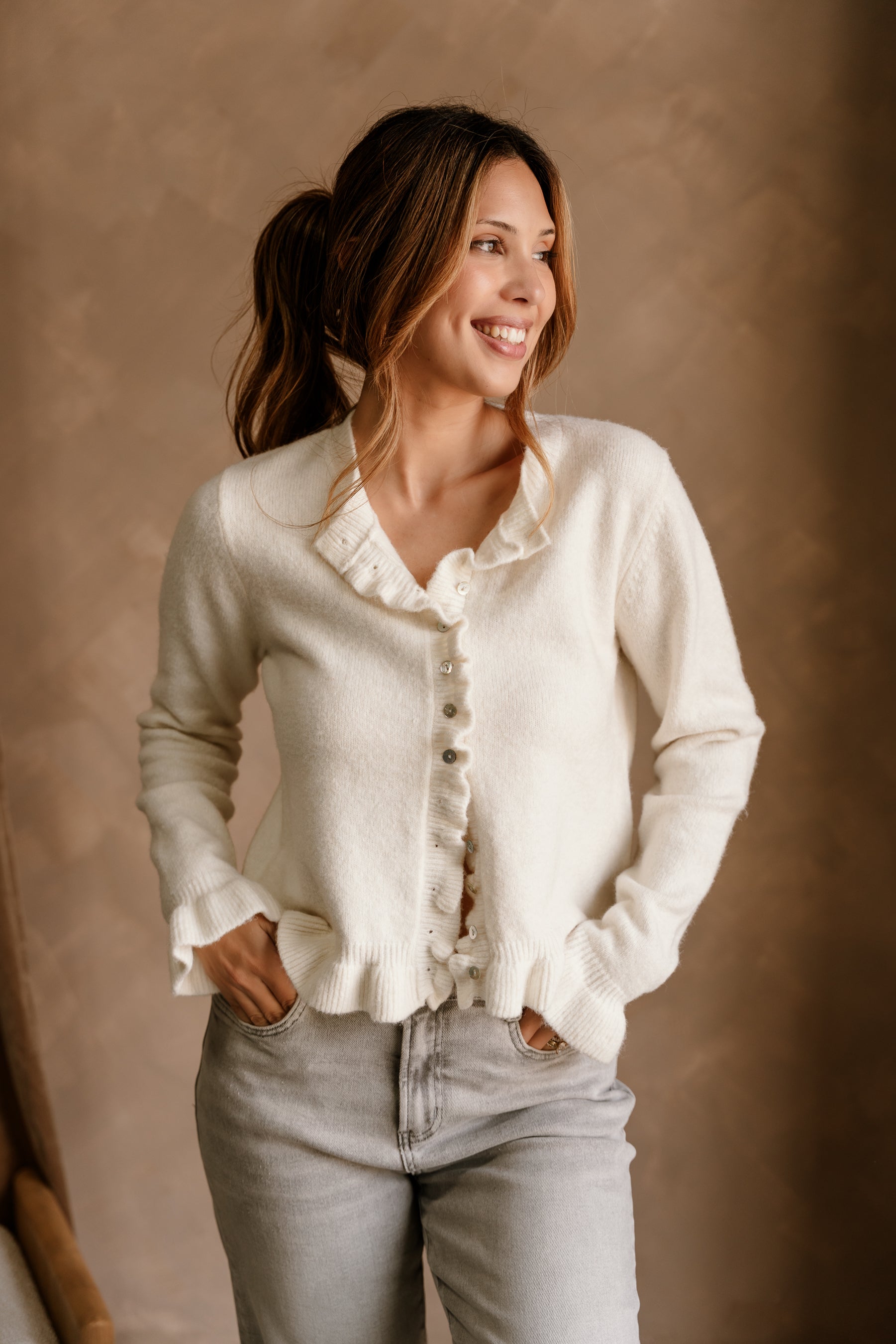 Noelle Off White Ruffle Knit Cardigan- front view