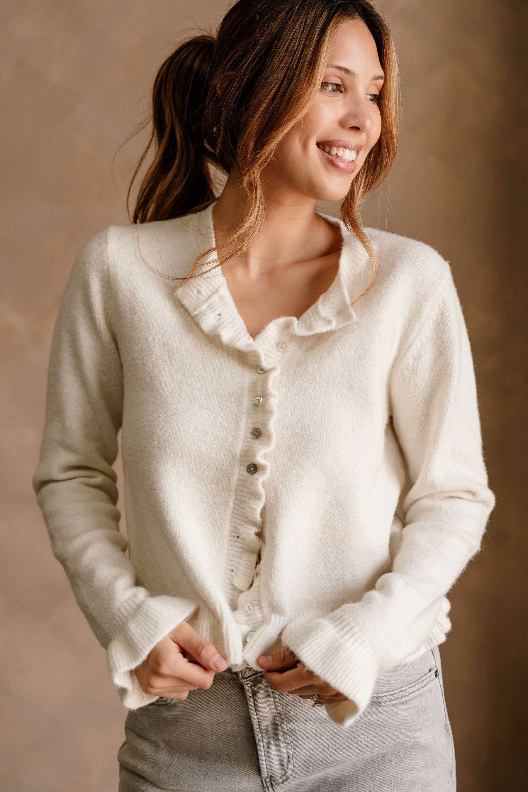 Noelle Off White Ruffle Knit Cardigan- close up front view