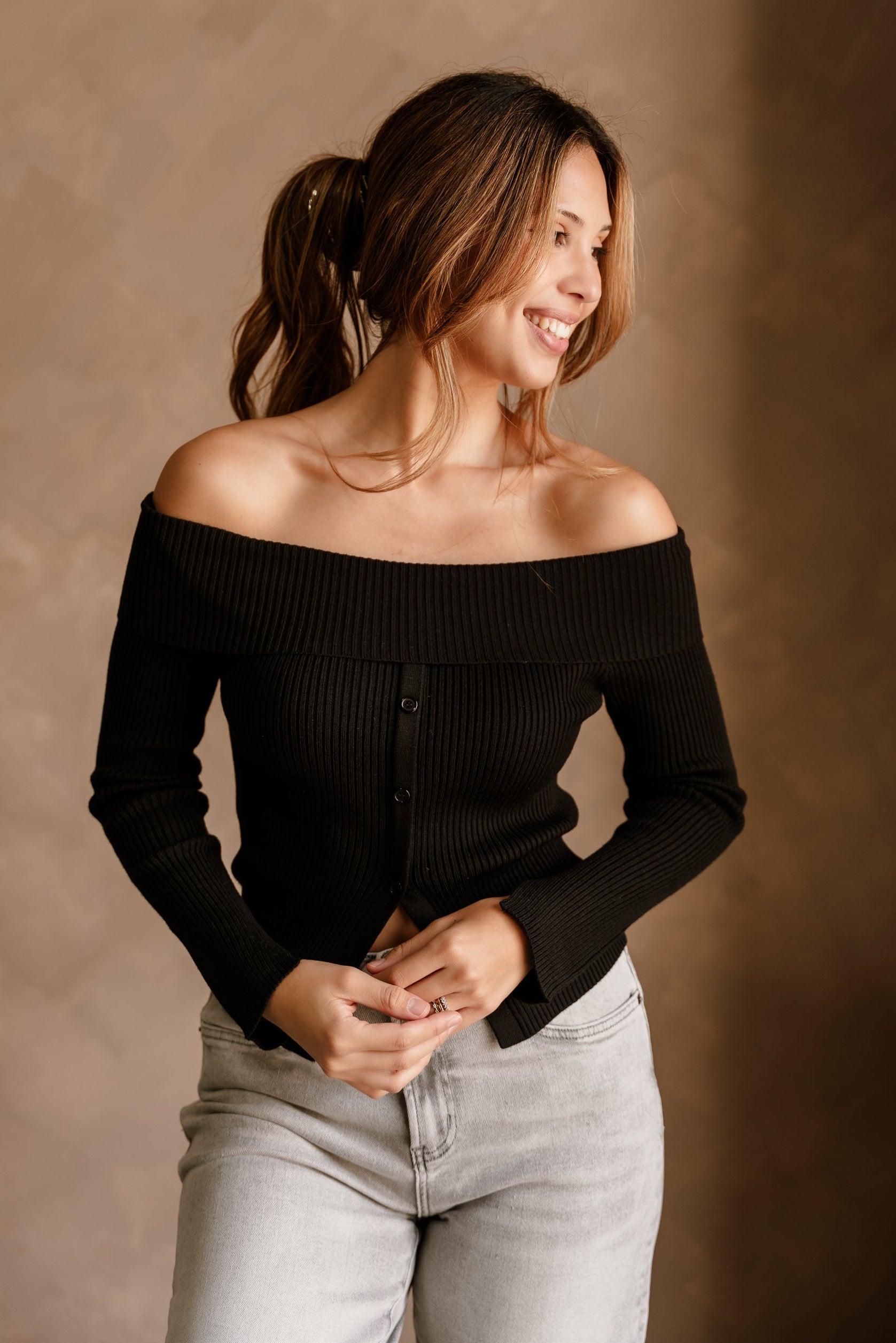 Blakely Black Button-Up Off-The-Shoulder Top- front top view