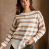 Adalyn Tan & White Stripe Knit Sweater- close up front view