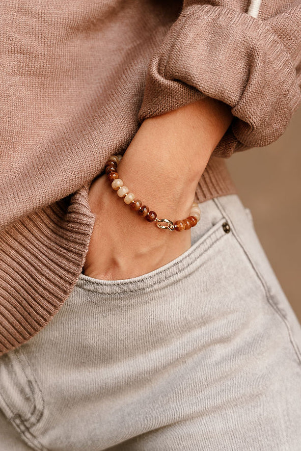 Aria Brown Beaded Bracelet - close up on model's wrist