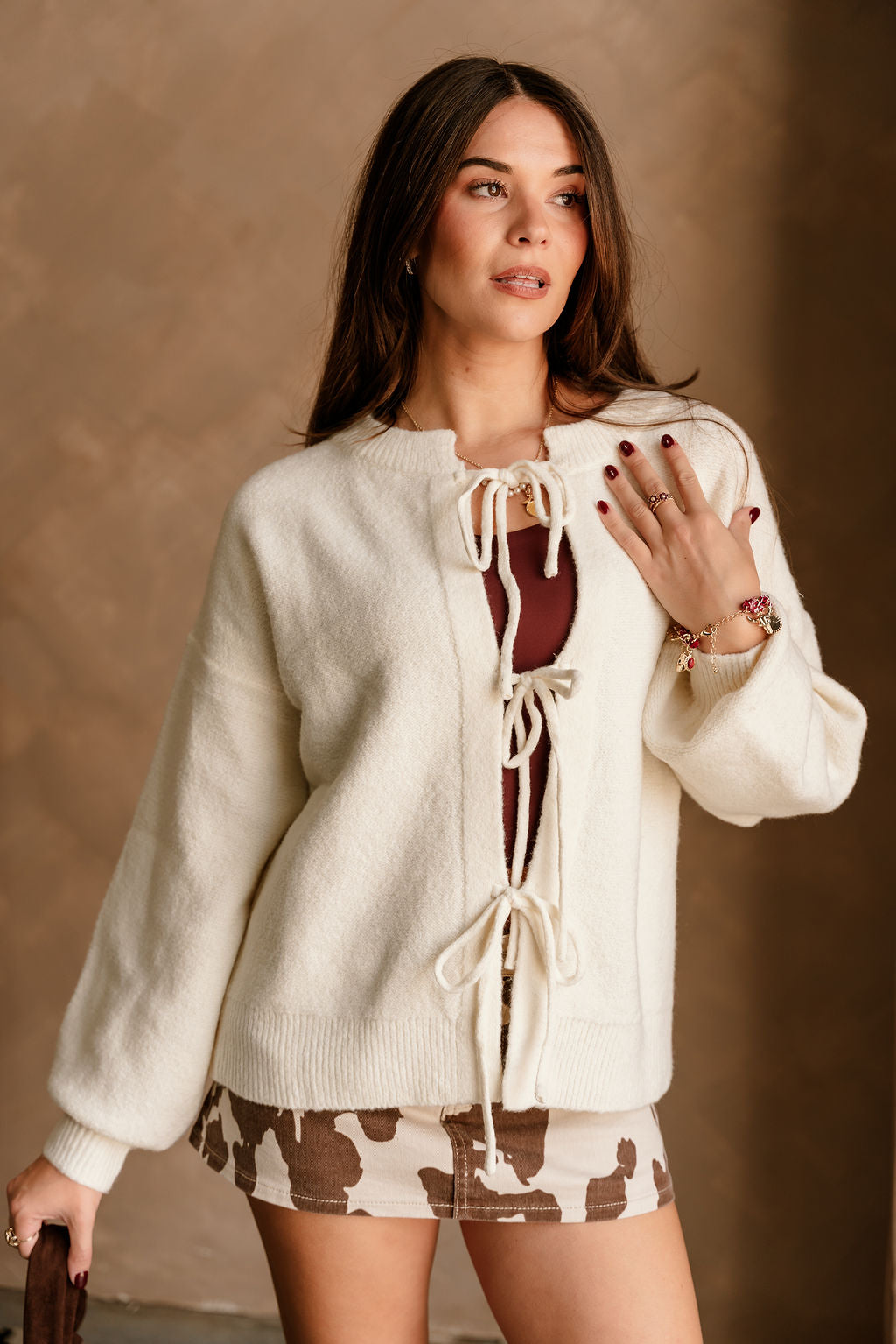 Leah Ivory Front Ties Cardigan - close up front view
