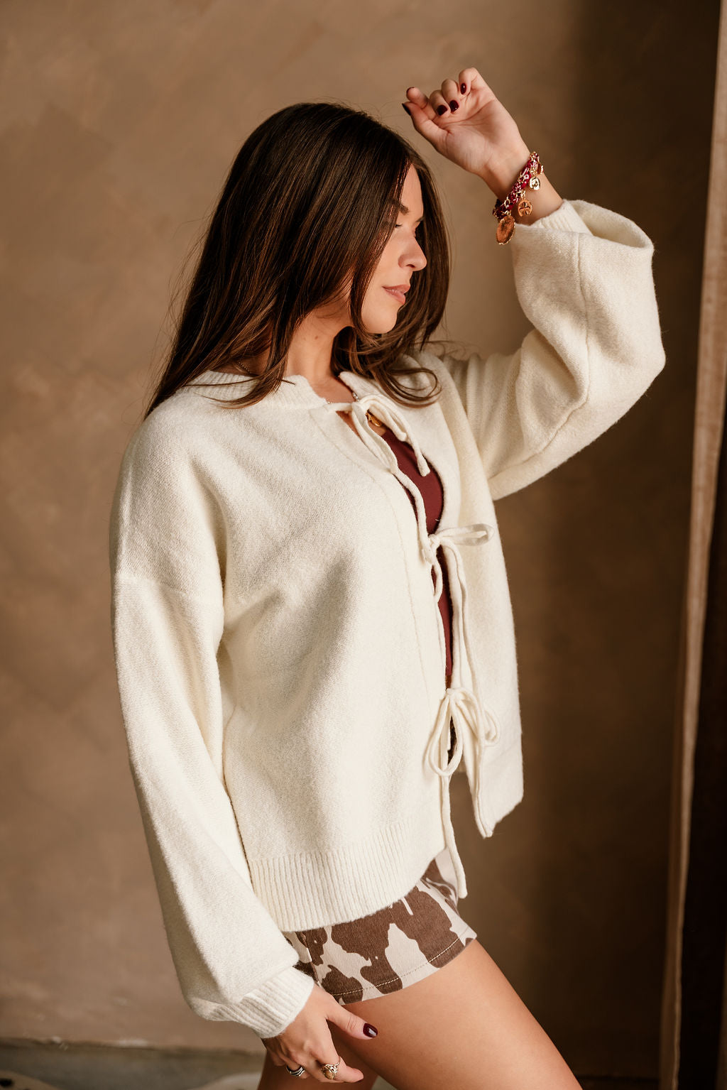 Rosalie Ivory Front Ties Knit Cardigan- side view