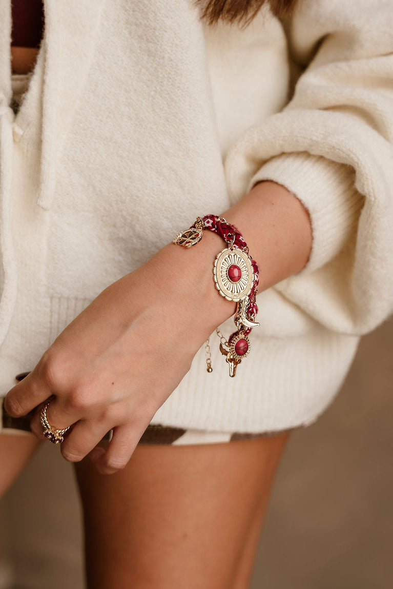 Heidi Burgundy Scarf & Western Charm Bracelet - shown on model's wrist
