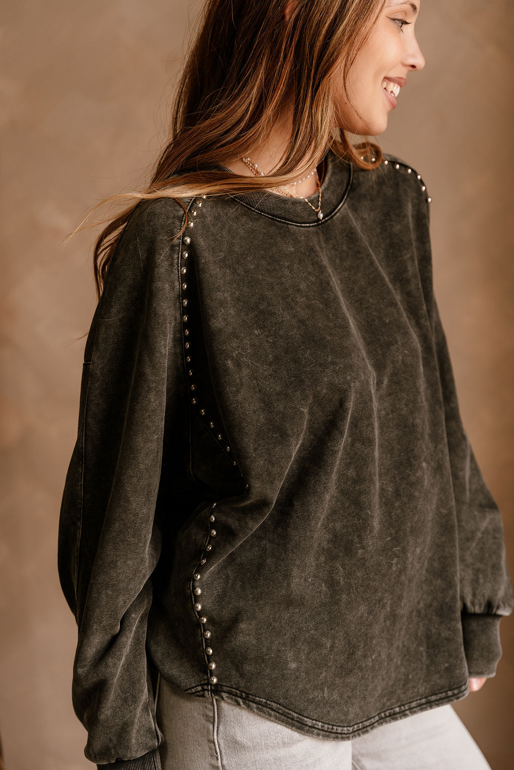 Bailey Washed Black & Studs Sweatshirt- close up frontal side view