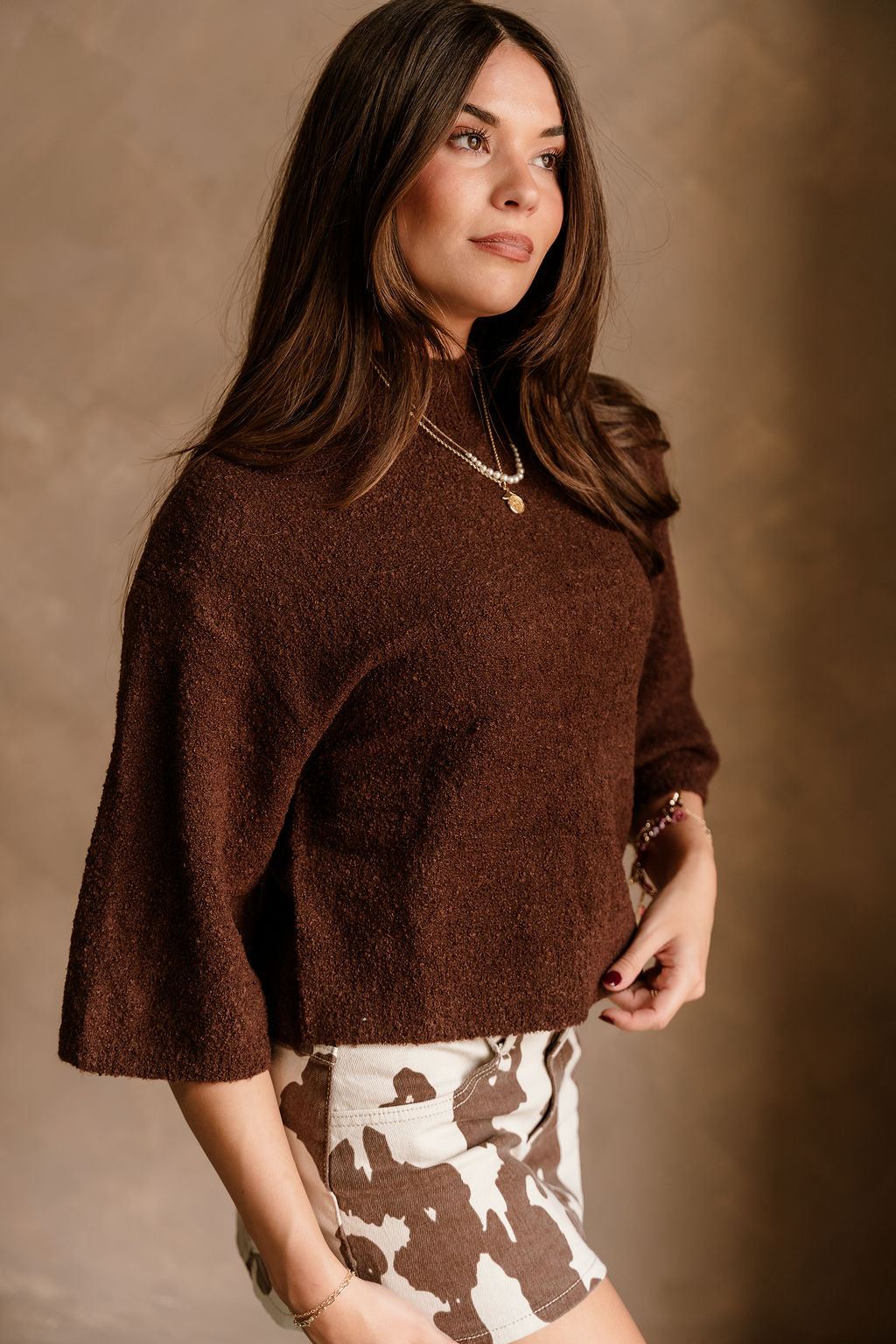 Arya Brown High Neck Sweater- close up side view