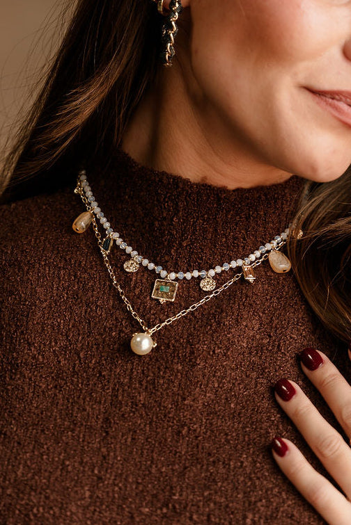 Delilah Layered Stone & Medallion Necklace - front view on model