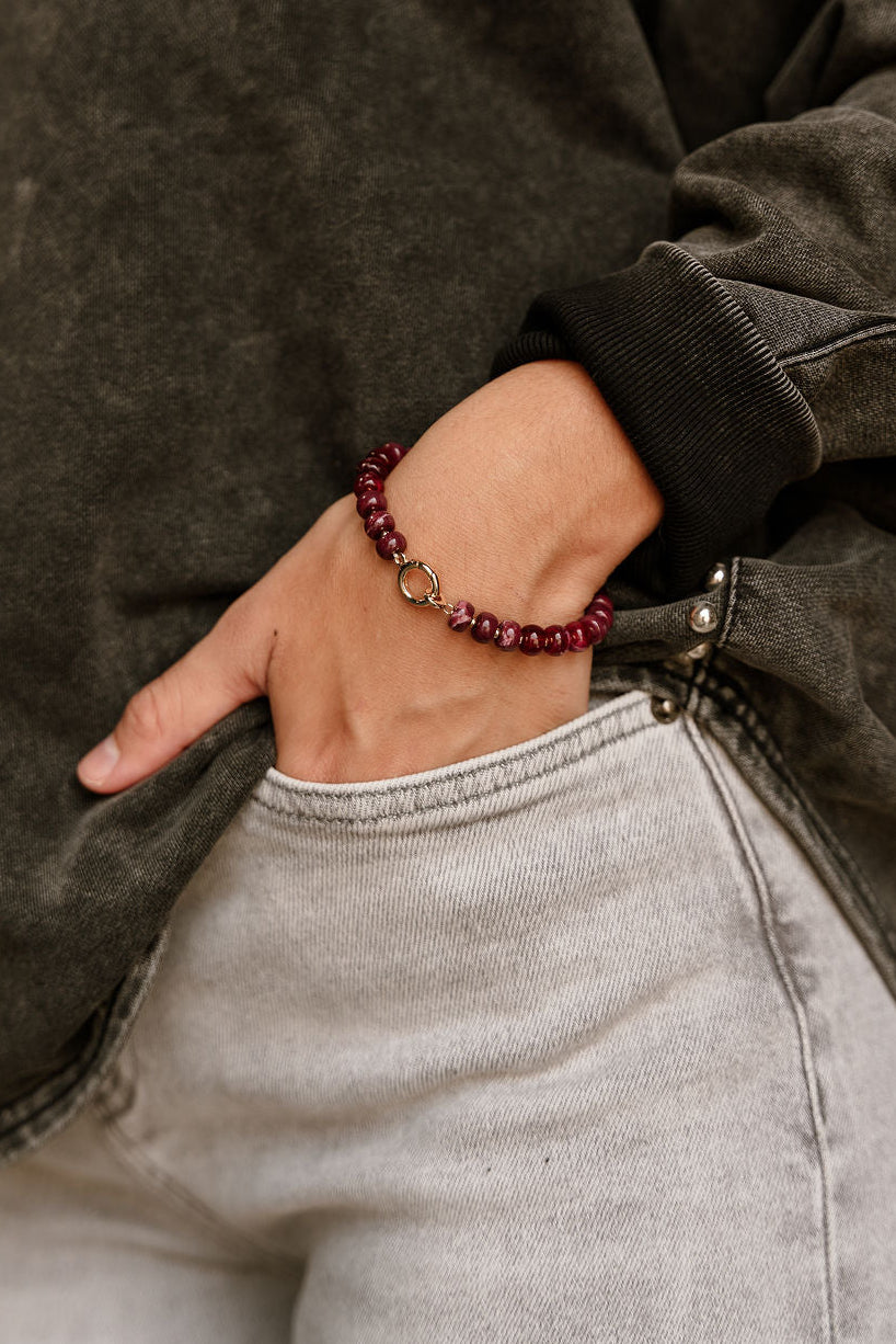 Aria Burgundy Beaded Bracelet - shown on model's wrist