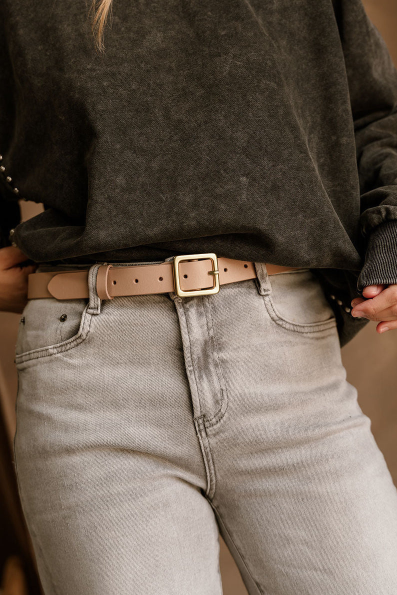 Ramona Beige Faux Leather Belt - close up front view