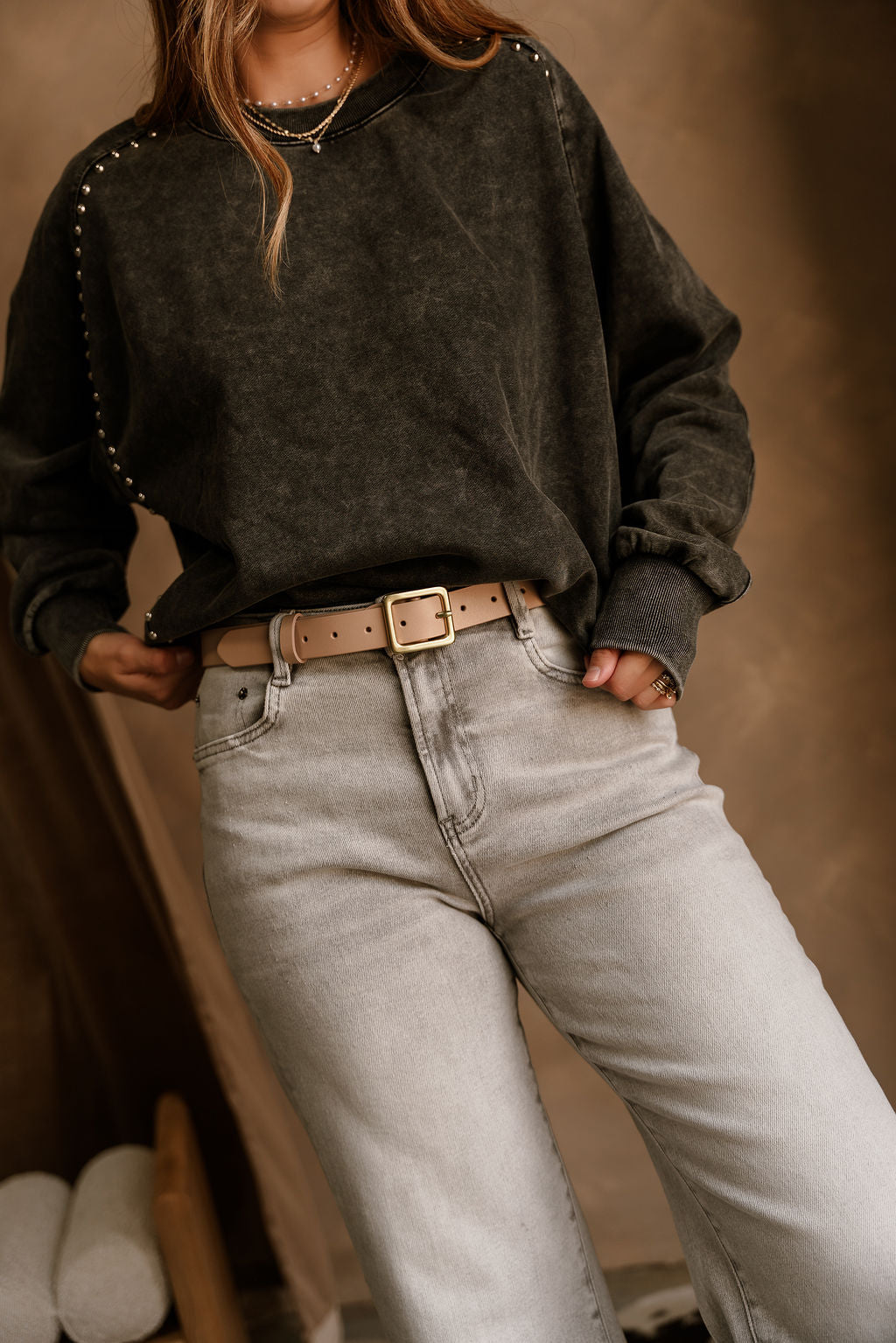 Ramona Beige Faux Leather Belt - front view