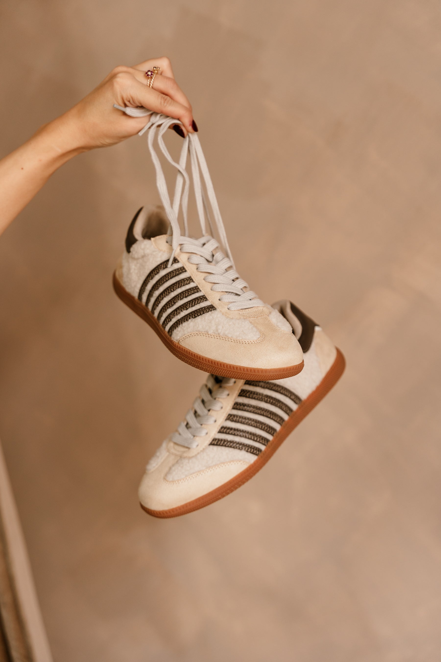 Shu Shop Stevie Beige Shearling Sneaker- close up front view