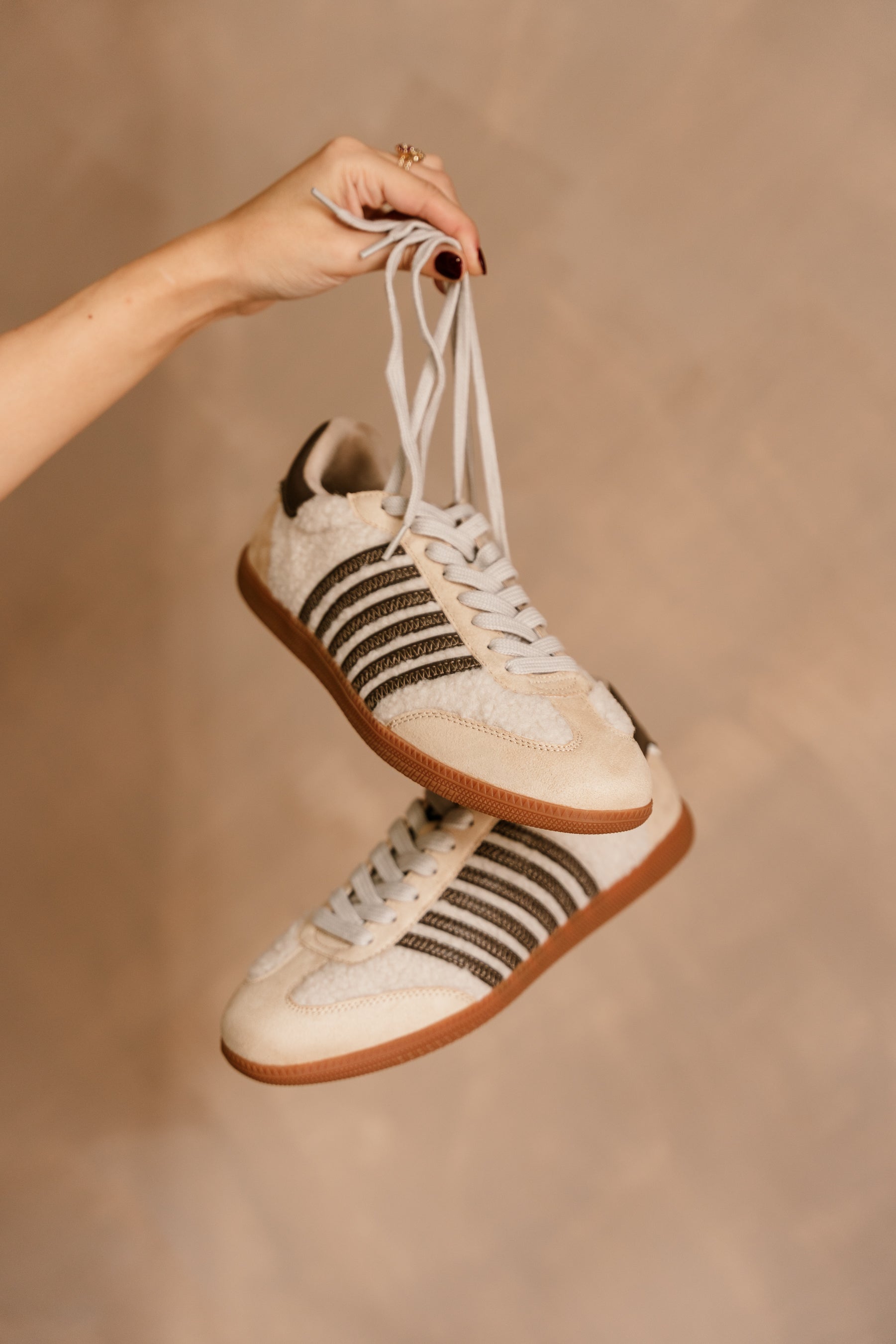 Shu Shop Stevie Beige Shearling Sneaker- full body frontal top view
