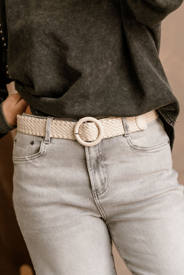 Everleigh Ivory Faux Leather Woven Belt- close up front view