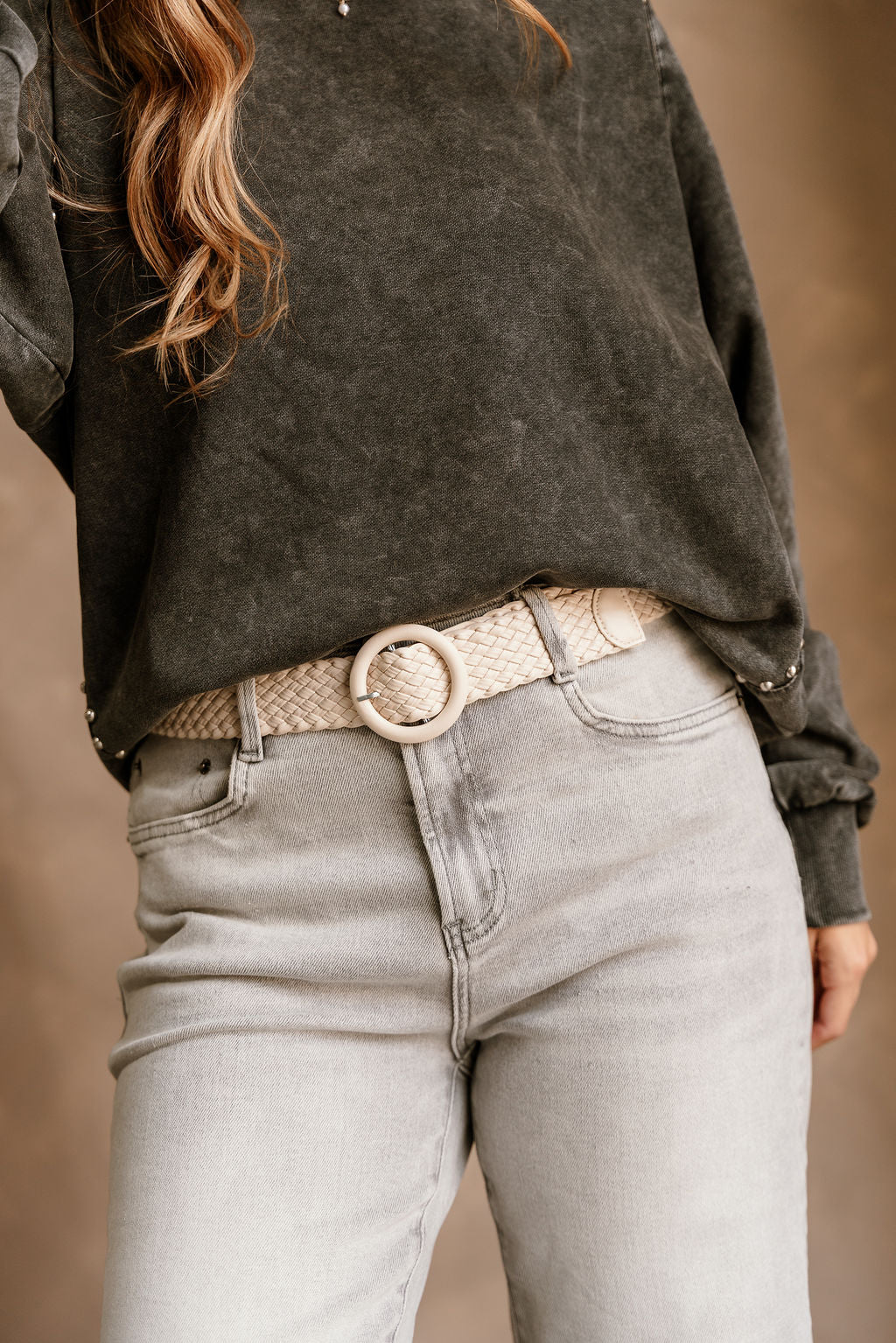 Everleigh Ivory Faux Leather Woven Belt- front view