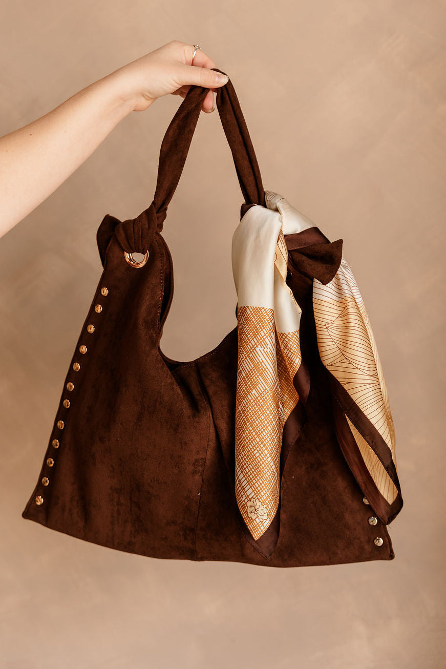 Heidi Orange Multi Floral Print Satin Scarf - shown tied on purse