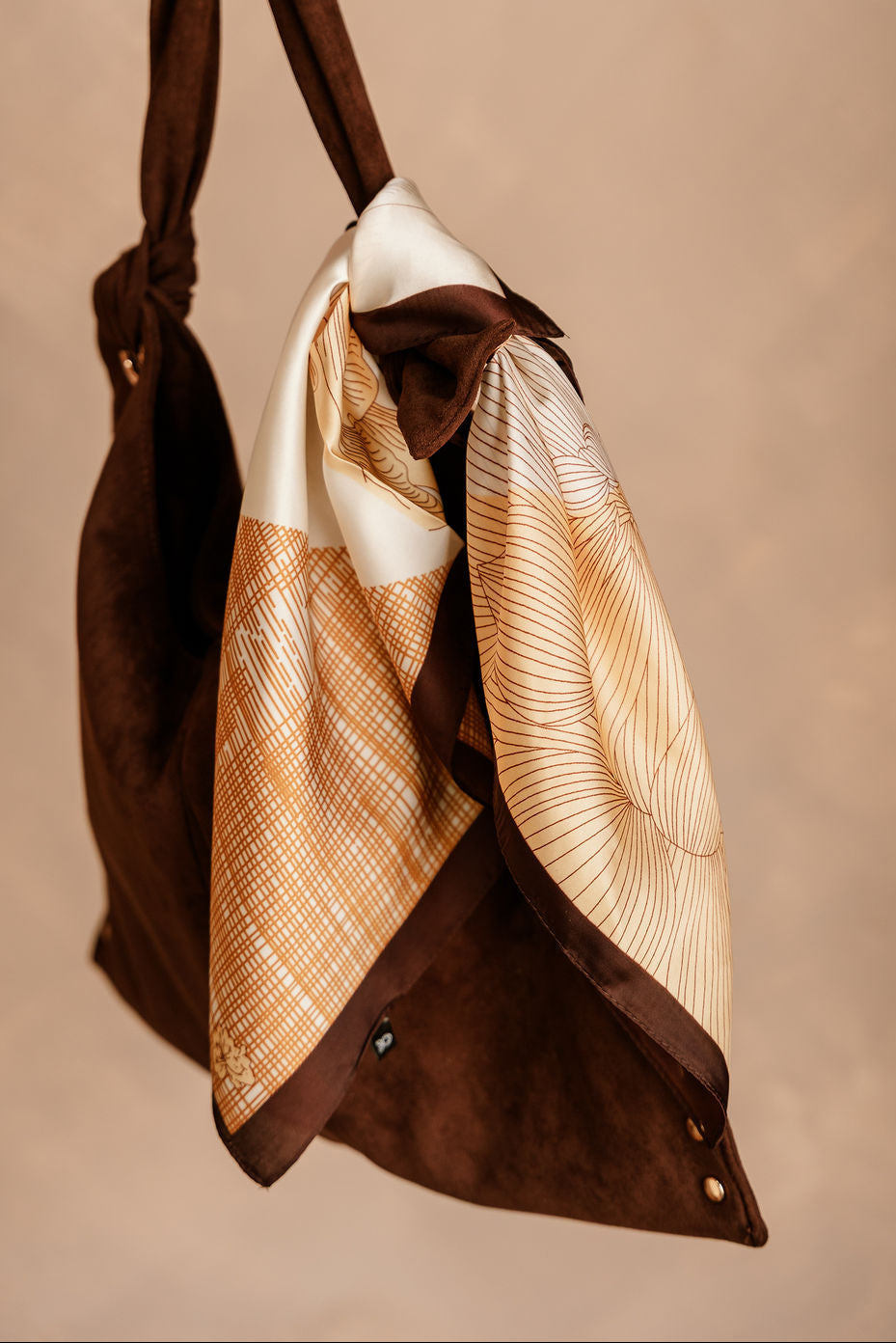 Heidi Orange Multi Floral Print Satin Scarf - close up tied on purse