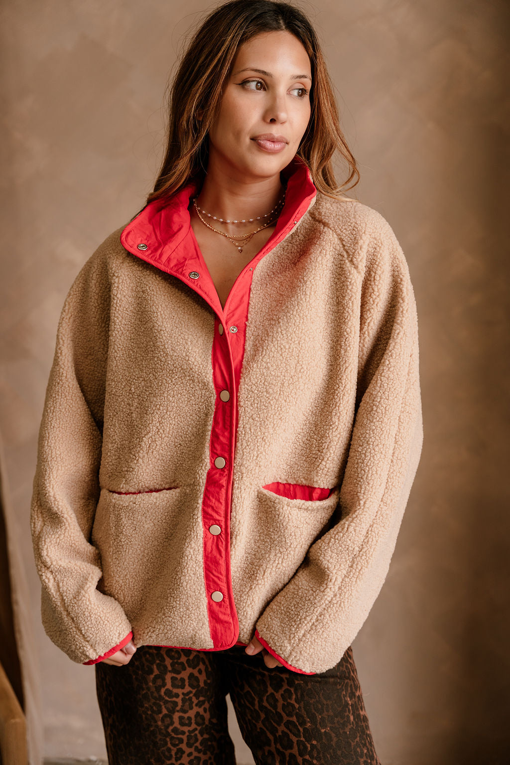Margot Mocha Shearling & Red Jacket- close up front view