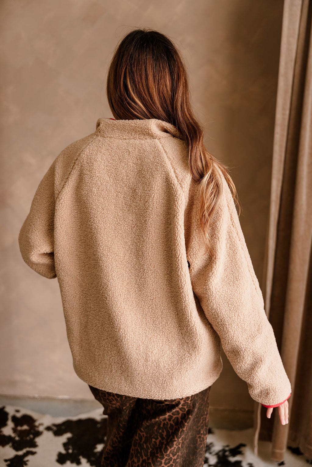 Margot Mocha Shearling & Red Jacket- close up back view