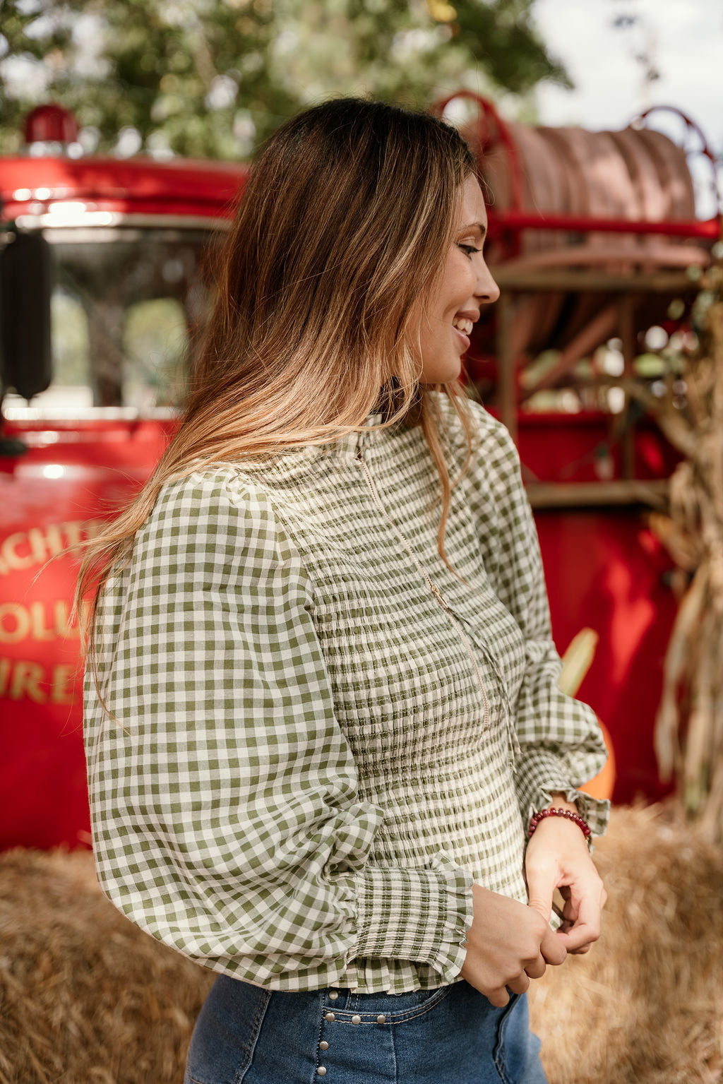 Kennedy Olive Gingham Zip-Up Top- frontal side view