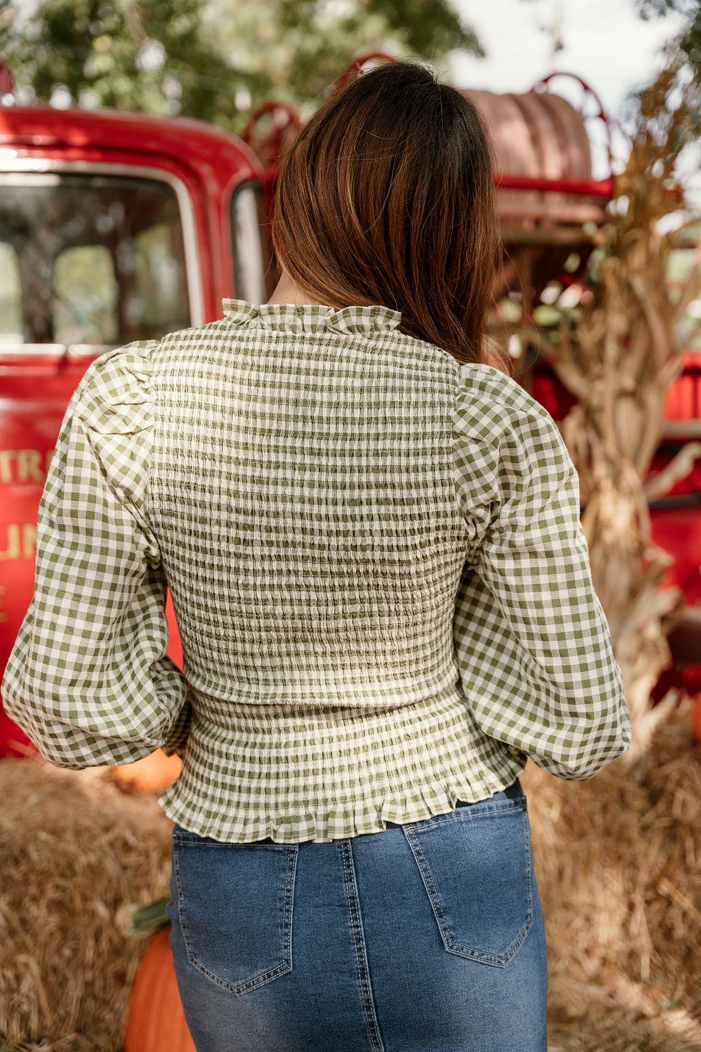 Kennedy Olive Gingham Zip-Up Top- back view