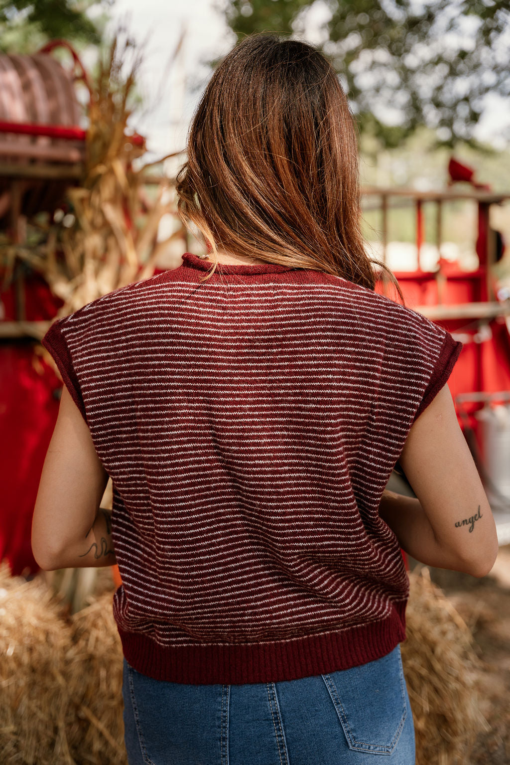 Clara Burgundy & White Stripe Button-Up Vest- close up top back view