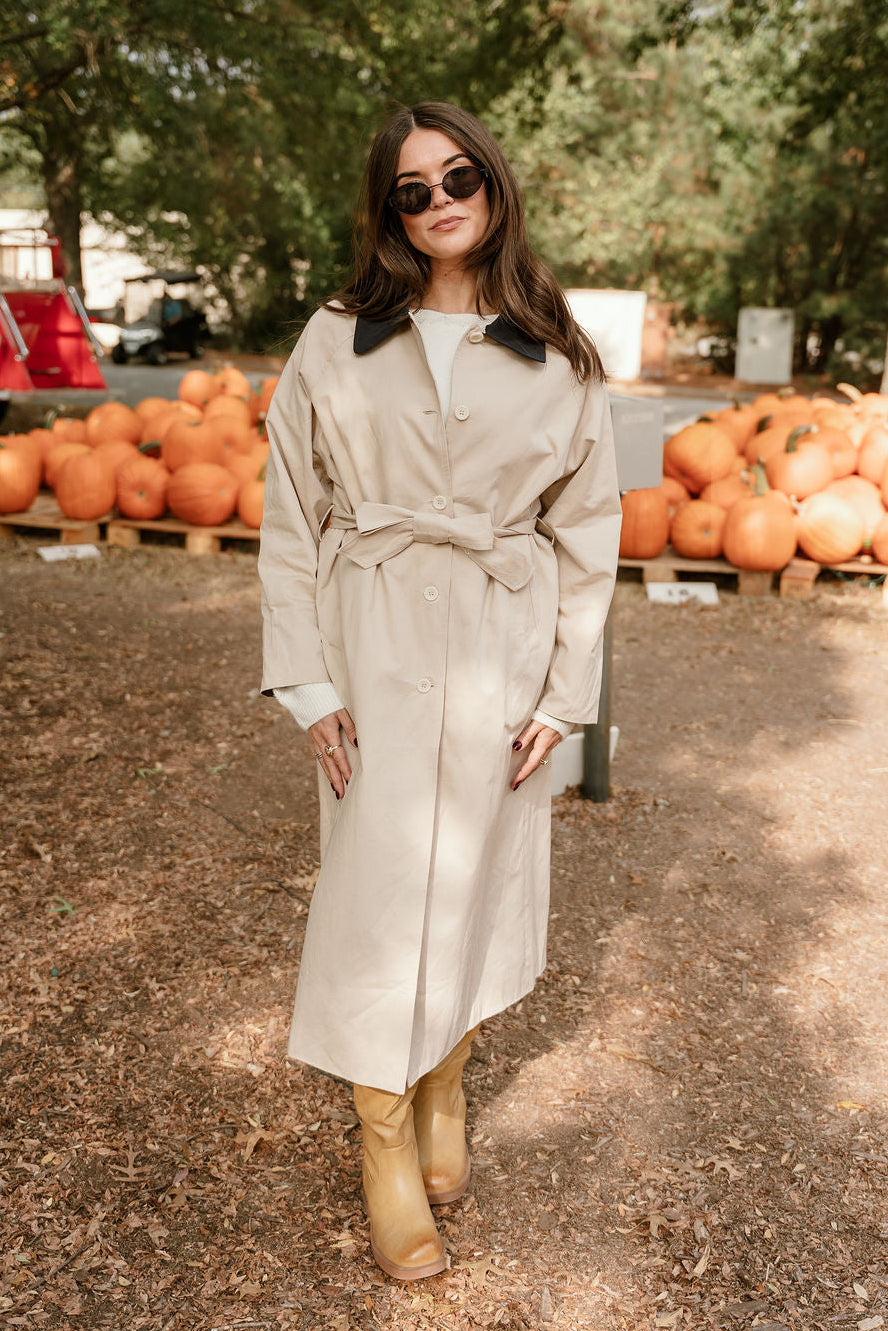 Willow Beige & Navy Waist Tie Trench Coat - full front viiew